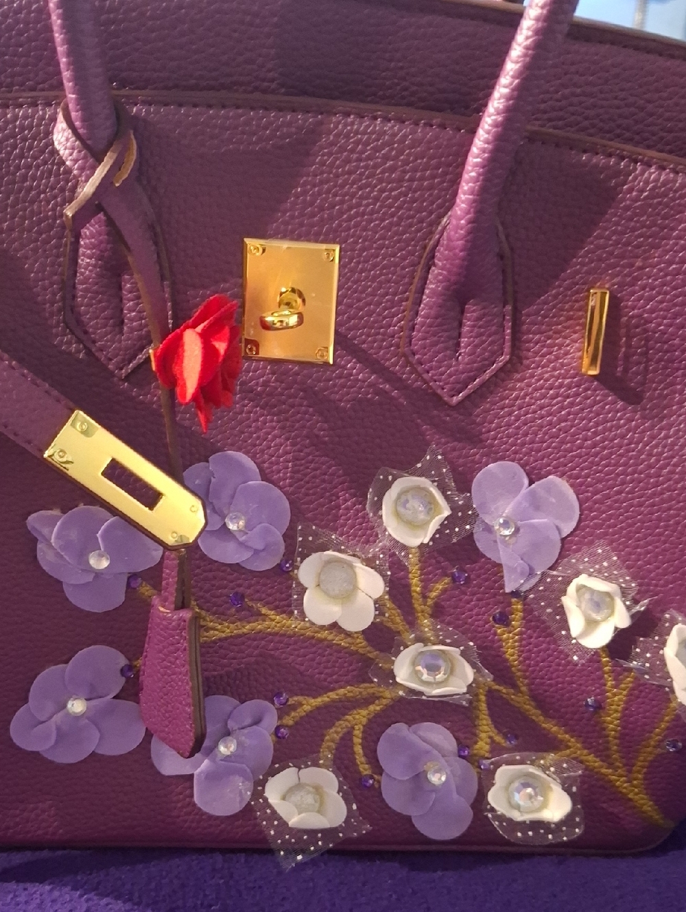 Purple Floral Embellished Satchel Handbag - Picture 2 of 7